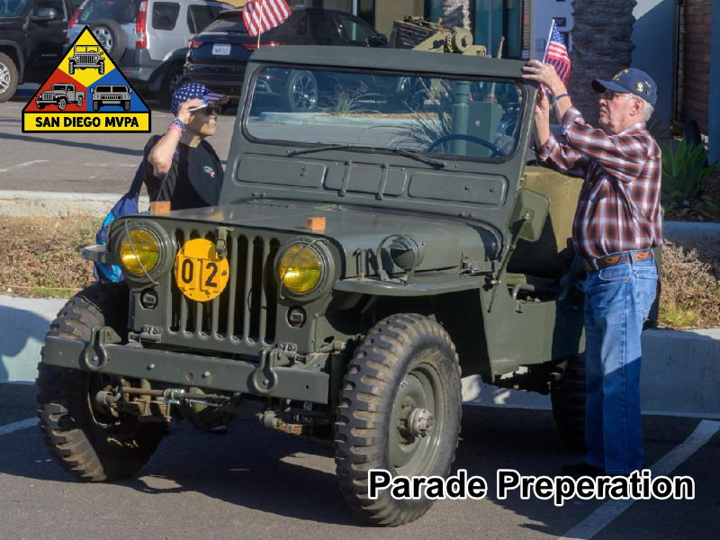Parade Preparation — Humvee with La Mesa Veterans Club banner
